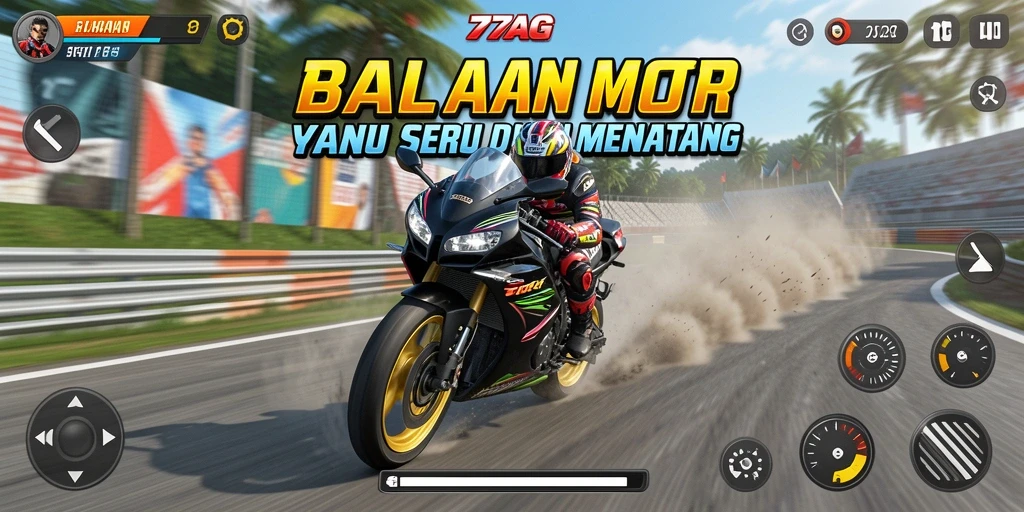 Screenshot gameplay 77AG menampilkan aksi balapan motor yang intens.