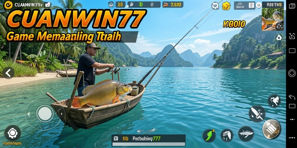 Tampilan gameplay <strong>CUANWIN77</strong> saat menangkap ikan dengan berbagai alat pancing.