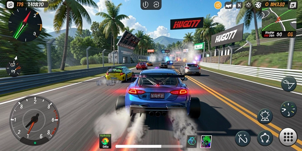 Screenshot gameplay balap HUGO77 dengan mobil yang beraksi.