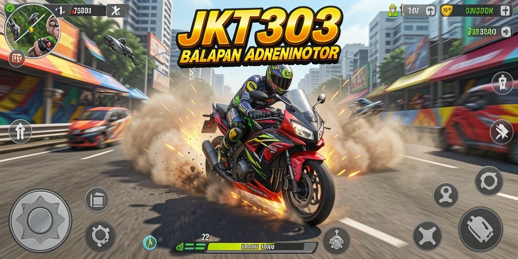 Tampilan gameplay seru dalam JKT303 menampilkan balapan motor yang intens.