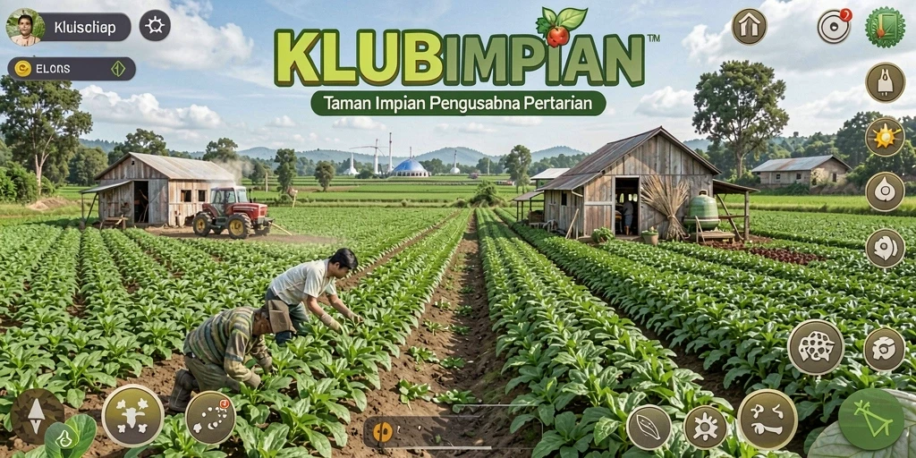 Tampilan gameplay <strong>KLUBIMPIAN</strong> dengan kebun yang subur dan tanaman berwarna-warni.