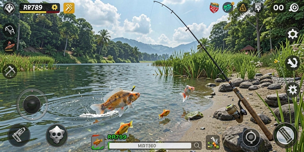 Screenshot utama menunjukkan pengalaman memancing yang seru dan penuh warna.