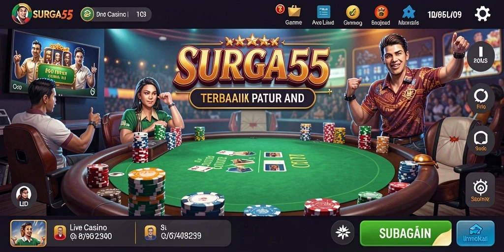 Screenshot utama SURGA55 menampilkan dealer dan permainan Live Casino yang mengasyikkan.